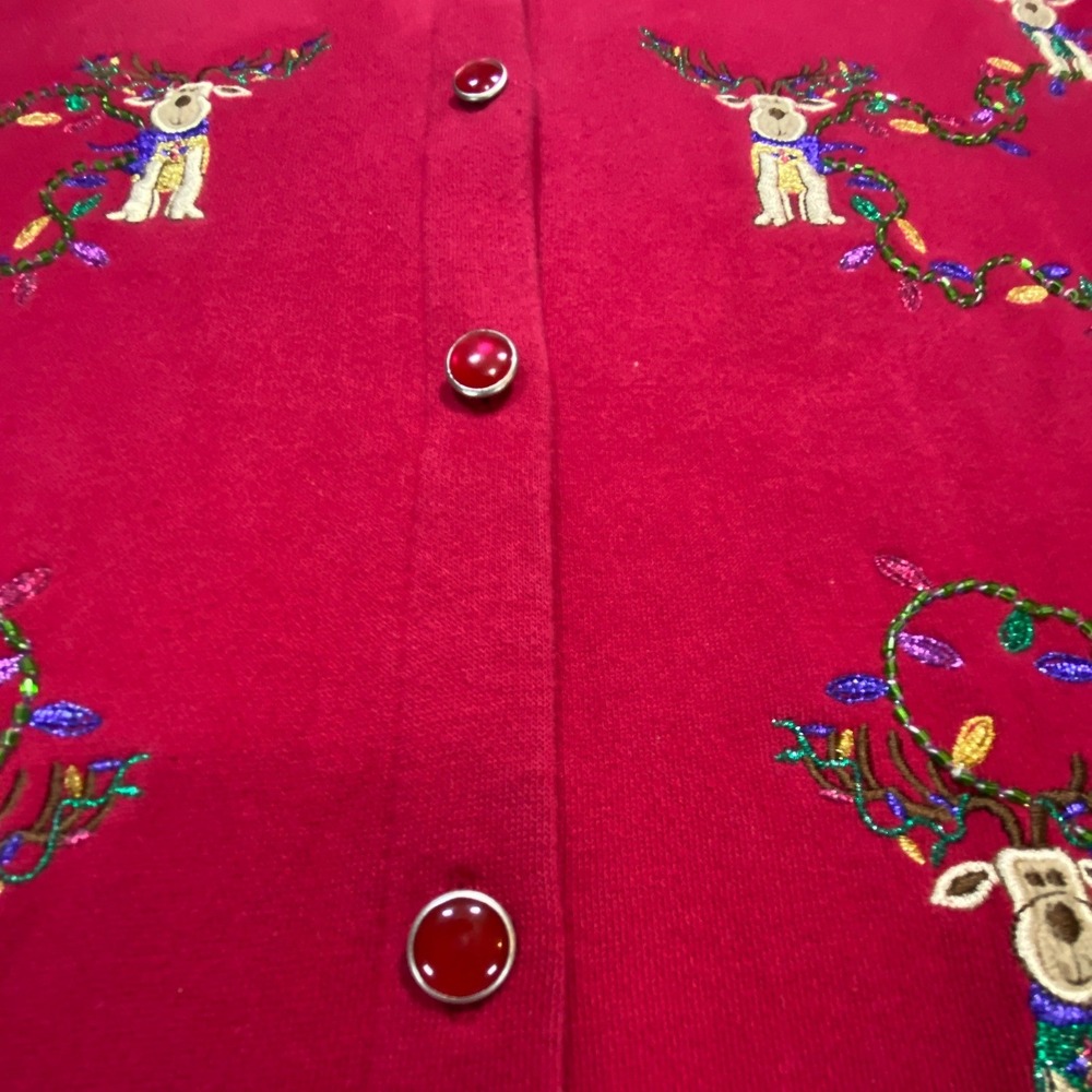 Karen Scott Women's XL Red Reindeer Christmas Lights Beaded Cardigan Sweater - Picture 3 of 12